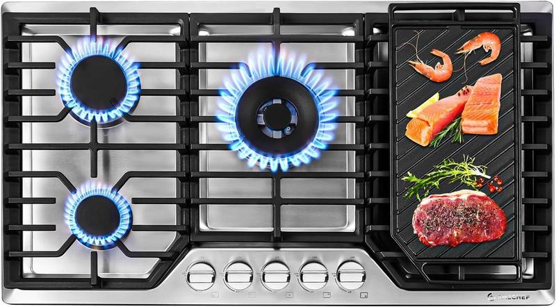 Imagem de Cooktop a Gás AMZCHEF 36" com 5 Queimadores SABAF e Chapa Dupla (Inox)