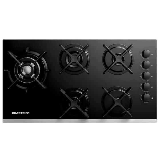 Imagem de Cooktop a Gás Brastemp Eclipse Collection em Vidro com 05 Bocas, Painel Mecânico Black Inox - BDD86AP