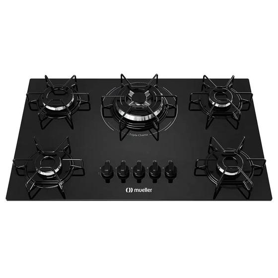 Imagem de Cooktop a gás com 5 queimadores tripla chama bivolt Mueller mesa de vidro Preto