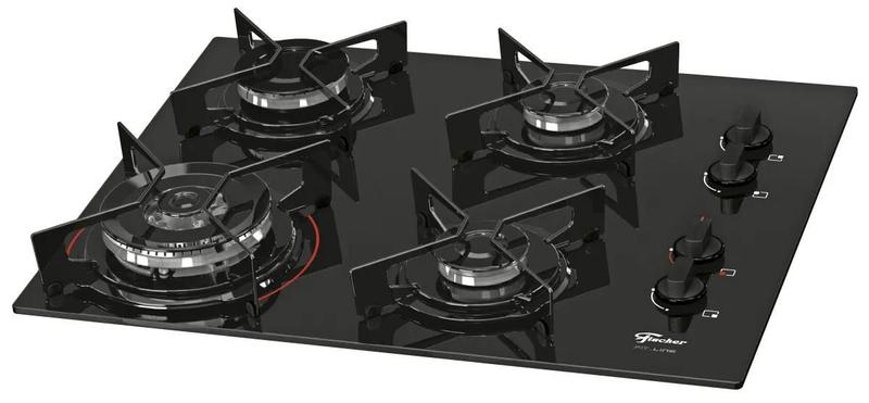 Imagem de Cooktop à Gás Fischer 4 Bocas com Mesa de Vidro, Acendimento Superautomático e Tripla Chama Preto Bivolt