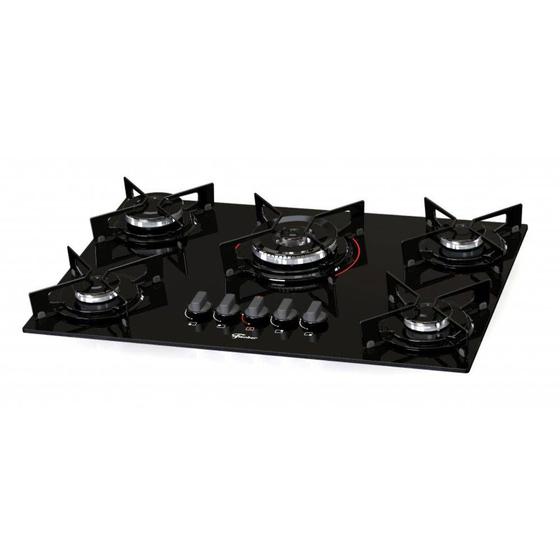 Cooktop à Gás Fischer 5 Bocas Infinity Tripla Chama Grades em Ferro Fundido Vidro Preto Bivolt
