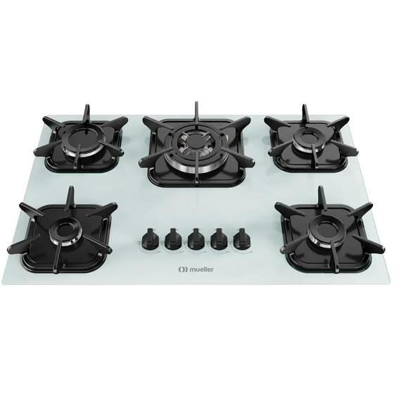 Imagem de Cooktop a gás Mueller 5 bocas Branco com Queimador Tripla chama mesa de vidro