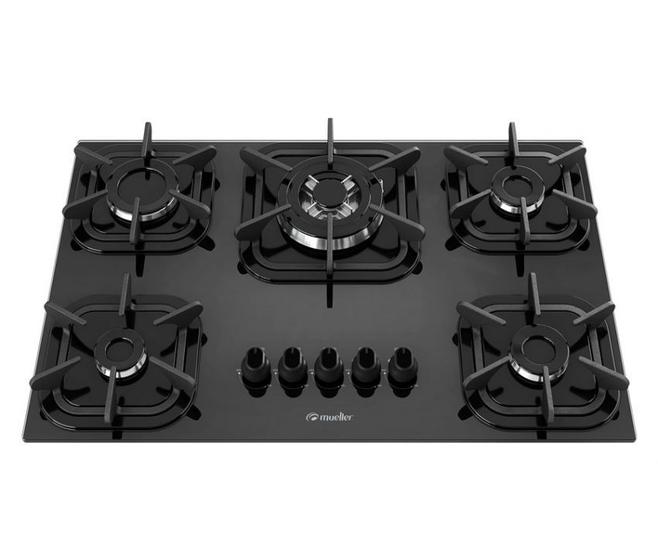 Cooktop à Gás Mueller 5 Bocas Grades Individuais em Ferro Fundido Tripla Chama Vidro Preto Bivolt Menor preço em Cooktop à Gás Mueller 5 Bocas Grades Individuais em Ferro Fundido Tripla Chama Vidro Preto Bivolt
