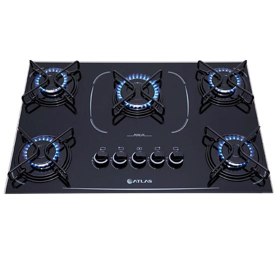 Cooktop Gás 5Q Atlas Agile UP Glass Preto Mega Chama Bivolt Cooktop 5