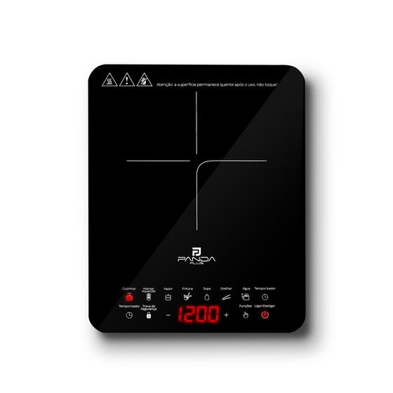 Imagem de Cooktop Indução 1 Boca Portátil PandaPlus 2000W 220V Touch 8 Níveis Potência Temperatura Trava de Segurança Timer Vitrocerâmico Ícones Acesso Rápido