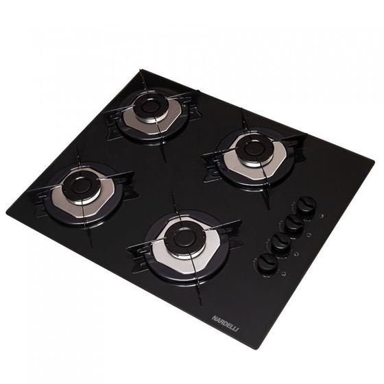 Cooktop Nardelli à Gás NDL 4B Vidro Preto Flange Inox Cooktop 4 Bocas