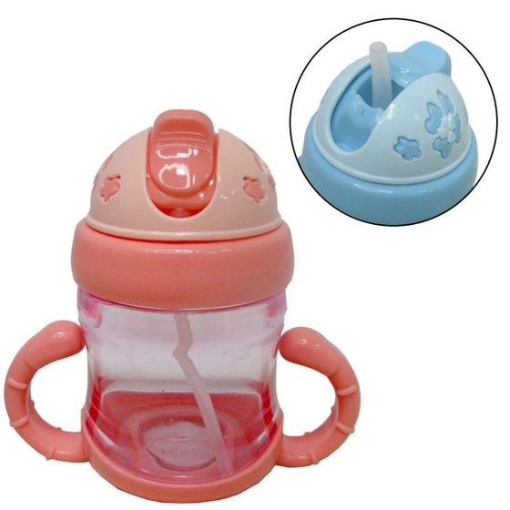 Imagem de copo baby com tampa e canudo + alca de plastico translucido azul / rosa 200ml - FWB
