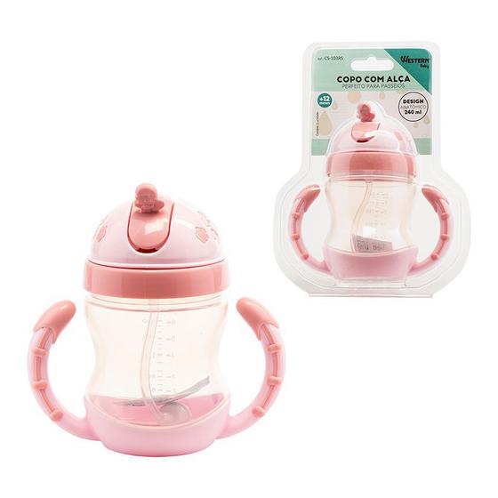 Imagem de Copo com Alça e Canudo Infantil anti-vazamento Design Anatômico para Passeio Viagem Escola 240ml Rosa