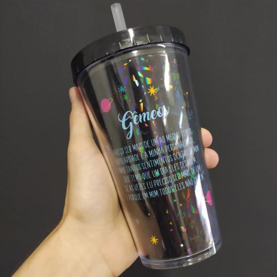 Imagem de Copo com canudo holográfico 550ml casa fé linha signos