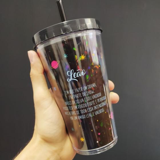 Imagem de Copo com canudo holográfico 550ml casa fé linha signos