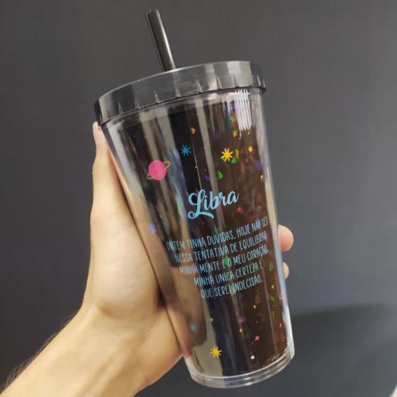 Imagem de Copo com canudo holográfico 550ml casa fé linha signos