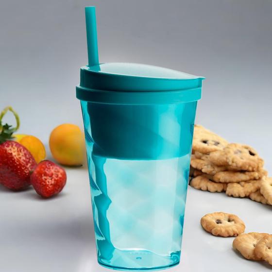 Imagem de Copo Com Porta Lanche e Snacks Com Tampa e Canudo 2 Em 1 600ml