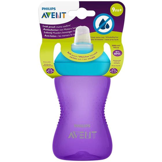 Imagem de Copo de Treinamento Transição Philips Avent 300ml Azul Roxo Menino Menina Bico Macio Resistente Mordidas de Silicone Antivazamento My Grippy 9+ meses 