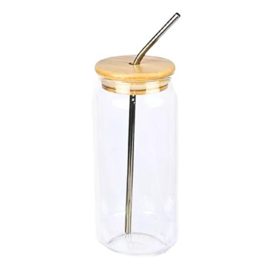 Imagem de Copo De Vidro 500 ML Com Tampa De Bambu E Canudo