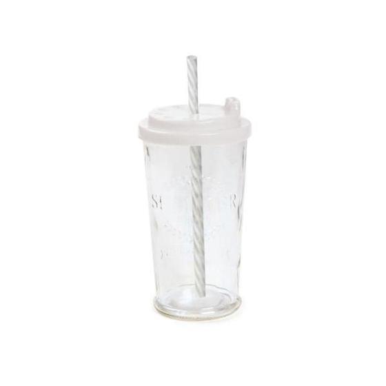 Imagem de Copo de Vidro Branco 450ML com Tampa e Canudo para Sucos Refrigerantes e Refrescos