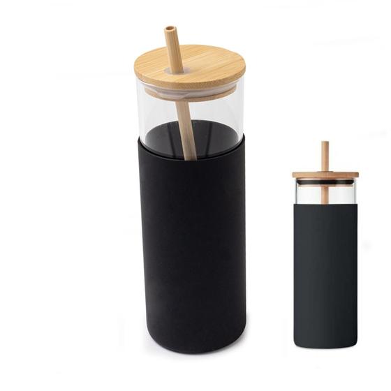Imagem de Copo de Vidro com Tampa e Canudo De Bambu Para Cafés Gelados e Smoothies
