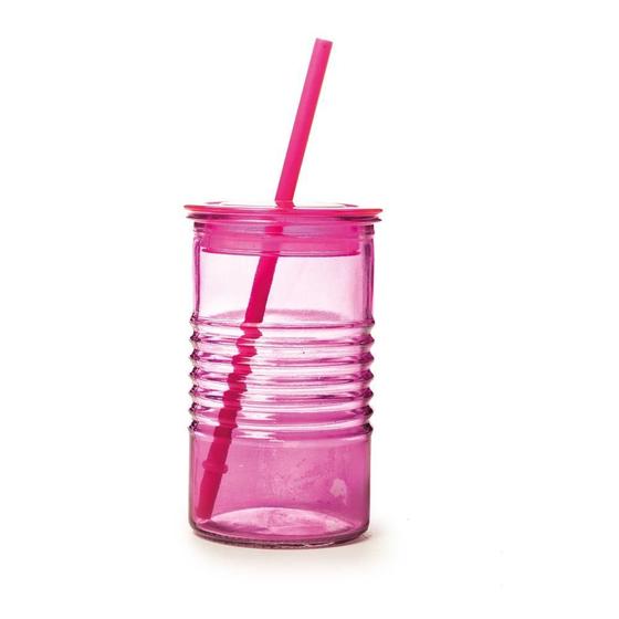Imagem de Copo de Vidro Modelo Joy na Cor Rosa 400ml com Tampa e Canudo para Refrigerantes e Refrescos