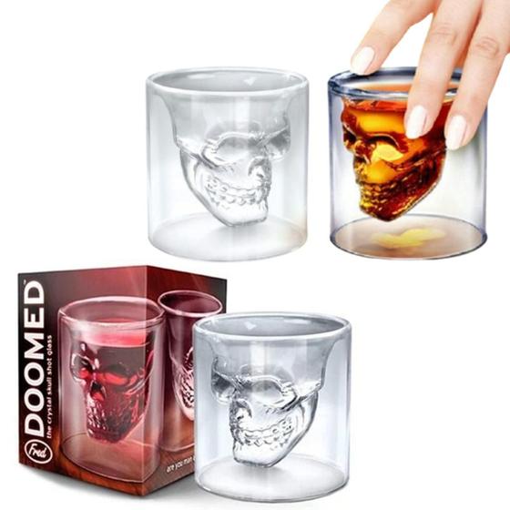 Imagem de Copo Duplo de Caveira Vidro Duplo 150ml 4 Un Dose Whisky Shot