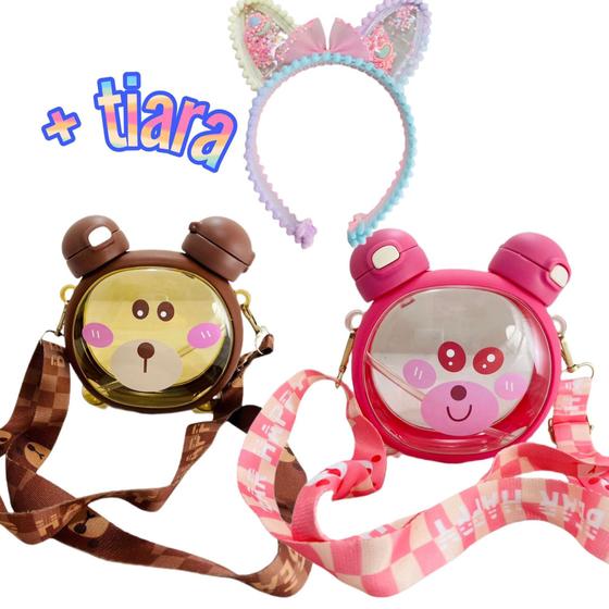 Imagem de Copo Garrafa Com Alça Ursinho + TIARA  Para criança Boca Dupla Com Canudo 750ml Urso