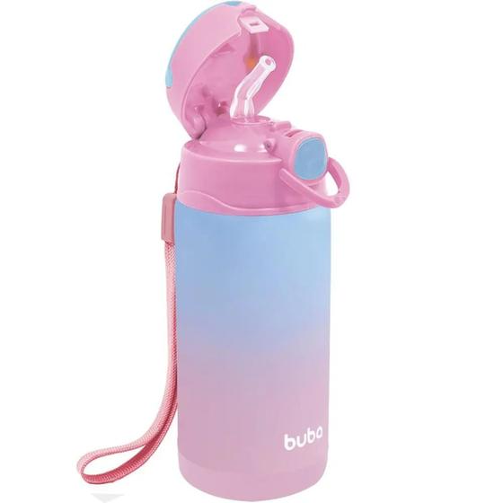 Imagem de Copo Garrafa Térmica Infantil Parede Dupla com Canudo 400 ml Rosa Degradê Azul Buba