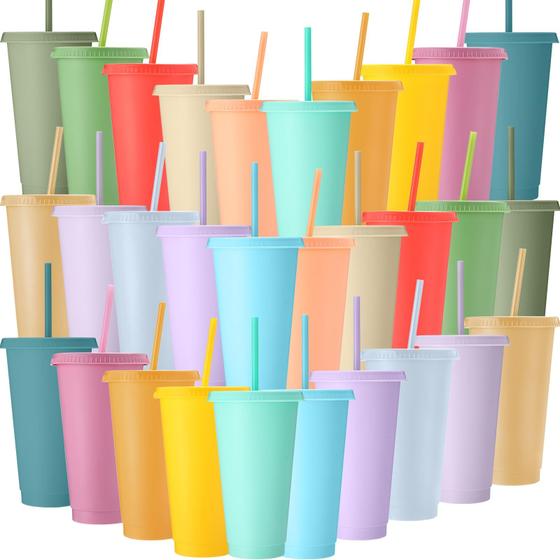 Imagem de Copo Honeydak 700-800 ml com palha e tampa, conjunto de 30 tons pastel