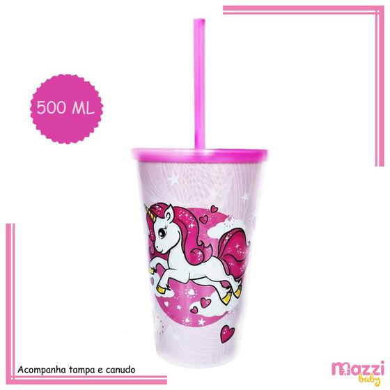 Imagem de Copo Infantil 500ml Decorado Estampa Unicornio Tampa Canudo