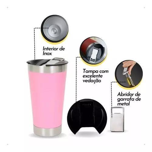 Imagem de Copo Inox Térmico C/tampa Cerveja Chopp Drink's Inox 473ml + Abridor 17Horas Rosa