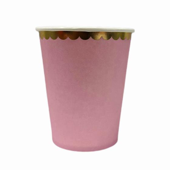 Imagem de Copo papel descartável festa  rosa bebe com borda dourada