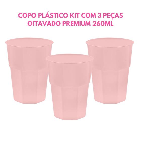 Imagem de Copo Plástico Kit com 3 Peças Oitavado Premium 260ml