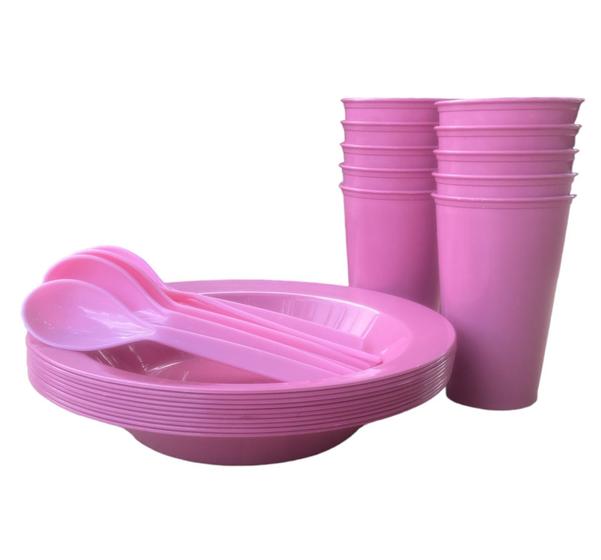 Imagem de Copo prato colher plastico kit refeição merenda escola festa lanche resistente varias cores