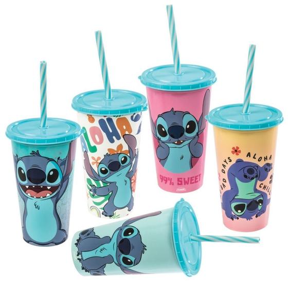 Imagem de Copo Refri Stitch Disney Azul com Tampa e Canudo 500ml Sortido 1 Unidade - Plasútil