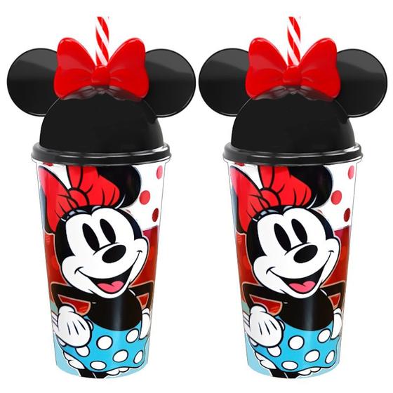 Imagem de Copo Shake Infantil com Canudo e Orelhas da Minnie 500ML Kit com 2