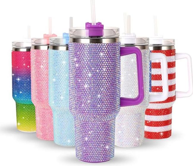 Imagem de Copo Térmico 1200ml Com Strass Brilhante Com Alça Tampa E Canudo