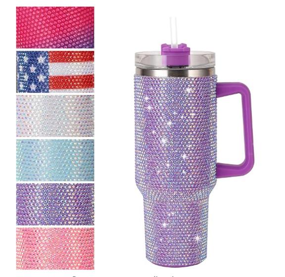 Imagem de Copo Térmico 1200ml Com Strass Brilhante Com Alça Tampa E Canudo