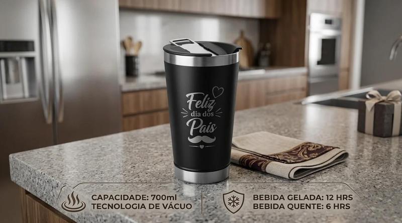 Copo Térmico 700ml Inox Personalizado Feliz Dia dos Pais Tampa com Abridor Preto Presente