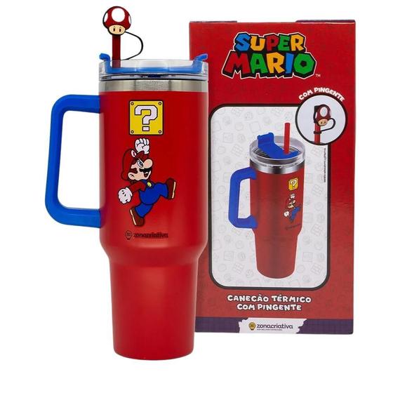 Imagem de Copo Térmico Canecão Tumbler Inox 1,15L Canudo Super Mario