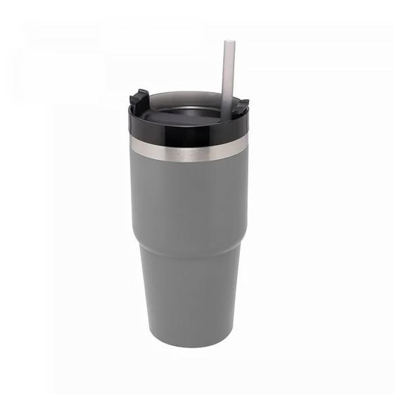 Imagem de Copo Térmico de Aço Inox Parede Dupla SlimTerm com Base Ergonômica e Canudo 590ml Cinza 29569 - Wolff
