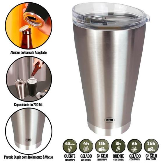 Imagem de Copo Térmico de Cerveja Inox 700 ML c/ Tampa e Abridor - Conserva até 26h - MOR