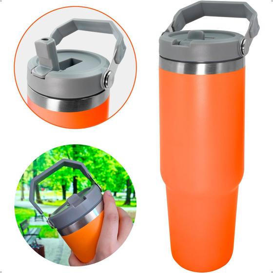 Imagem de Copo Termico Garrafa 890ml Com Tampa Alça E Canudo Flip Inox
