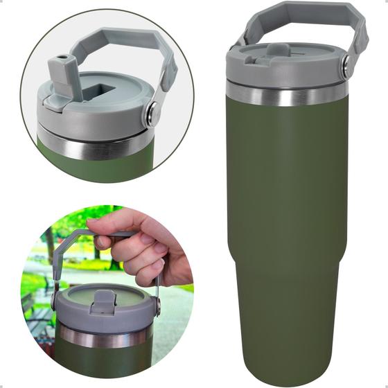 Imagem de Copo Termico Garrafa 890ml Com Tampa Alça E Canudo Flip Inox