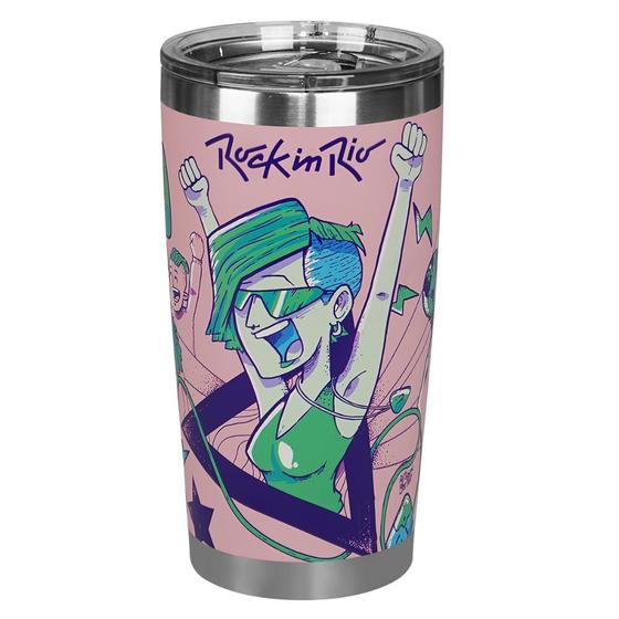 Imagem de Copo Térmico Gluck 519ml com Tampa Temático Rock in Rio Rosa