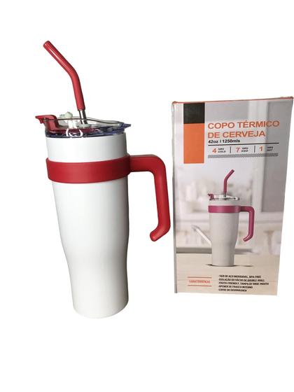 Imagem de Copo Térmico Inox 1200ml Canudo Inox Parede Dupla cor: branco com vermelho