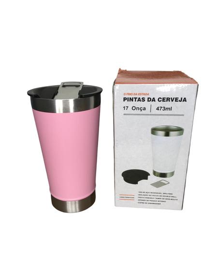Imagem de Copo térmico inox 473ml  com abridor de garrafa na cor rosa claro