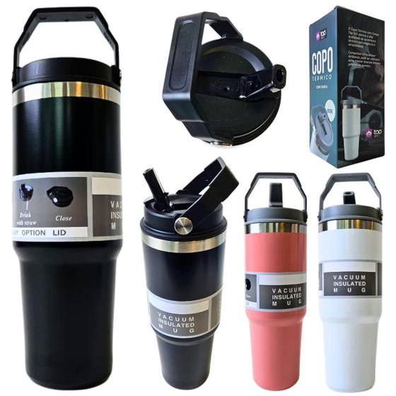 Imagem de Copo Térmico Inox 800ml Alça Canudo com Tampa Antivazamento
