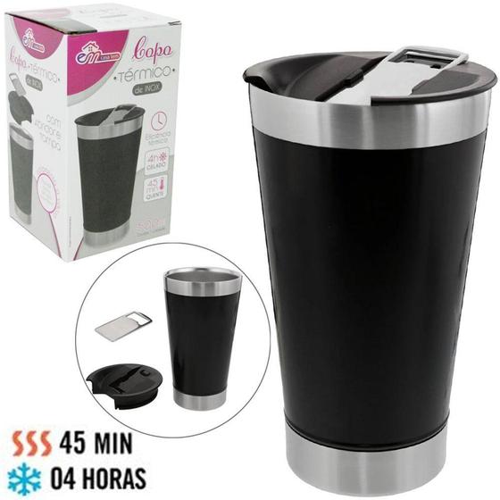 Imagem de Copo termico inox c/ abridor  cerveja  preto 500ml - CASA TEM
