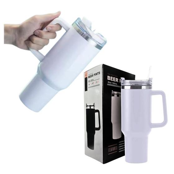 Imagem de Copo Térmico  Parede Dupla  Grande 1200 Ml CanudoCor branco