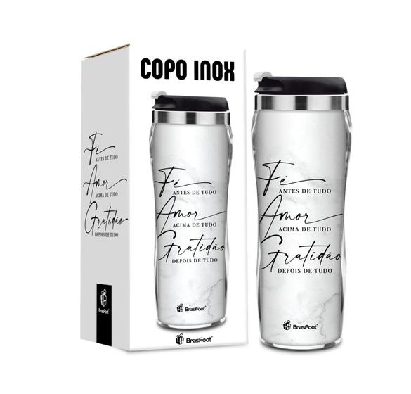 Imagem de Copo termico plástico inox 350ml frases - fé amor e gratidão - Brasfoot Presentes