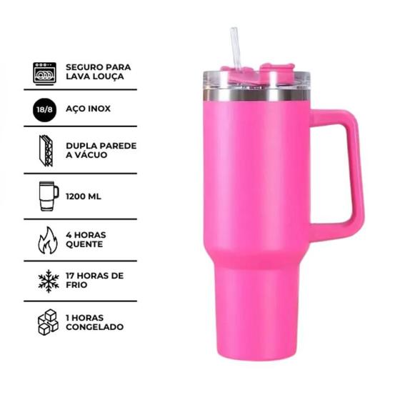 Imagem de Copo Térmico segura temperatura tamanho Grande 1200 Ml Canudo Rosa Pink