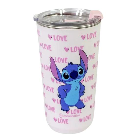 Imagem de Copo Térmico Stitch Angel Love Rosa Aço Inox CafQuente Fria 500ml Oficial Licenciado - Zona Criativa