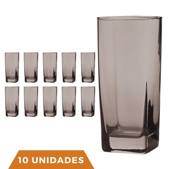 Imagem de Copo Vidro 320ml Quadrado BALI Jogo com 10 Cinza Luxo Agua